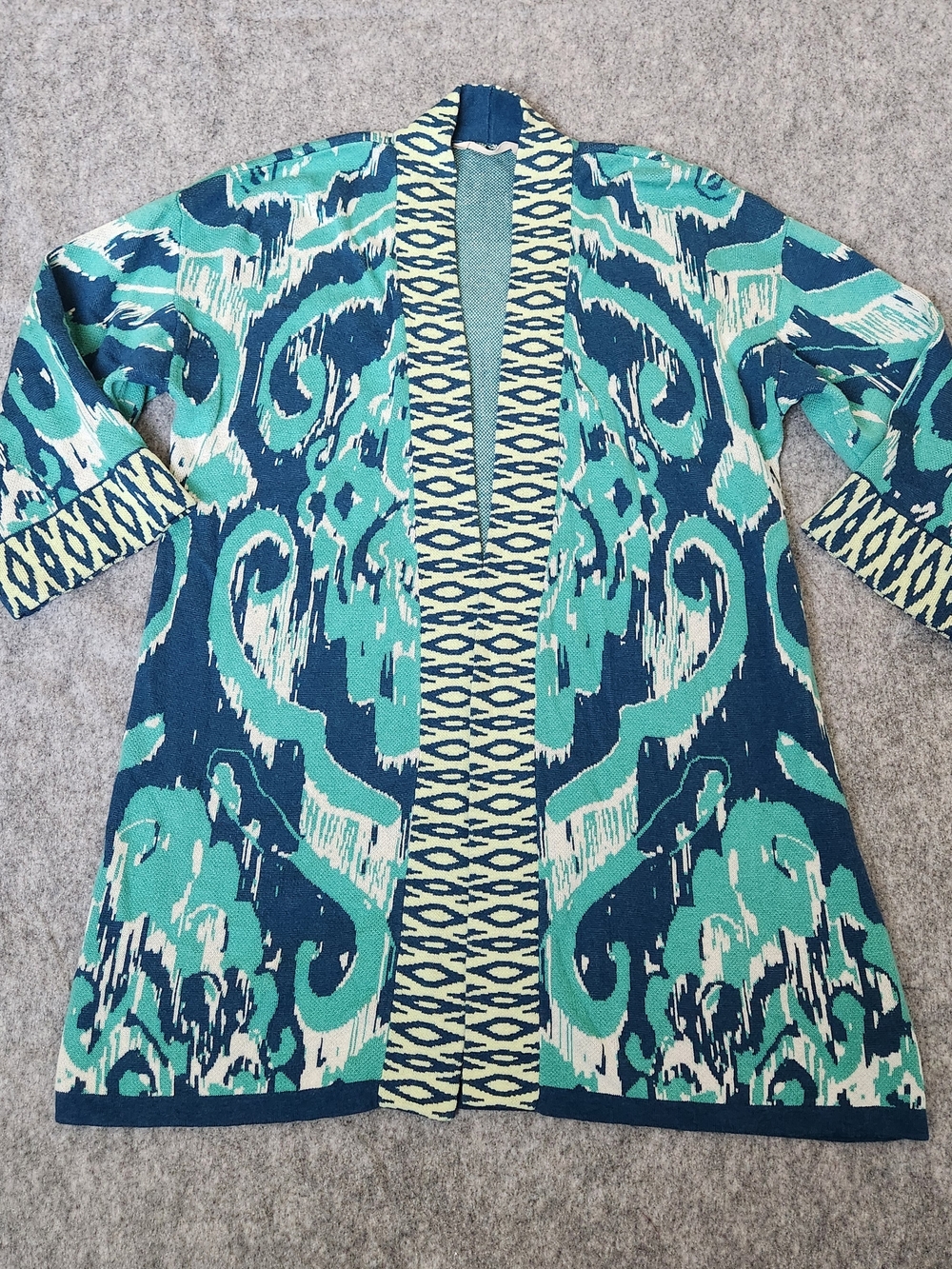 Soft Surroundings Open Front Knit Cardigan Sweater Women's M Petite Blue Aztec
